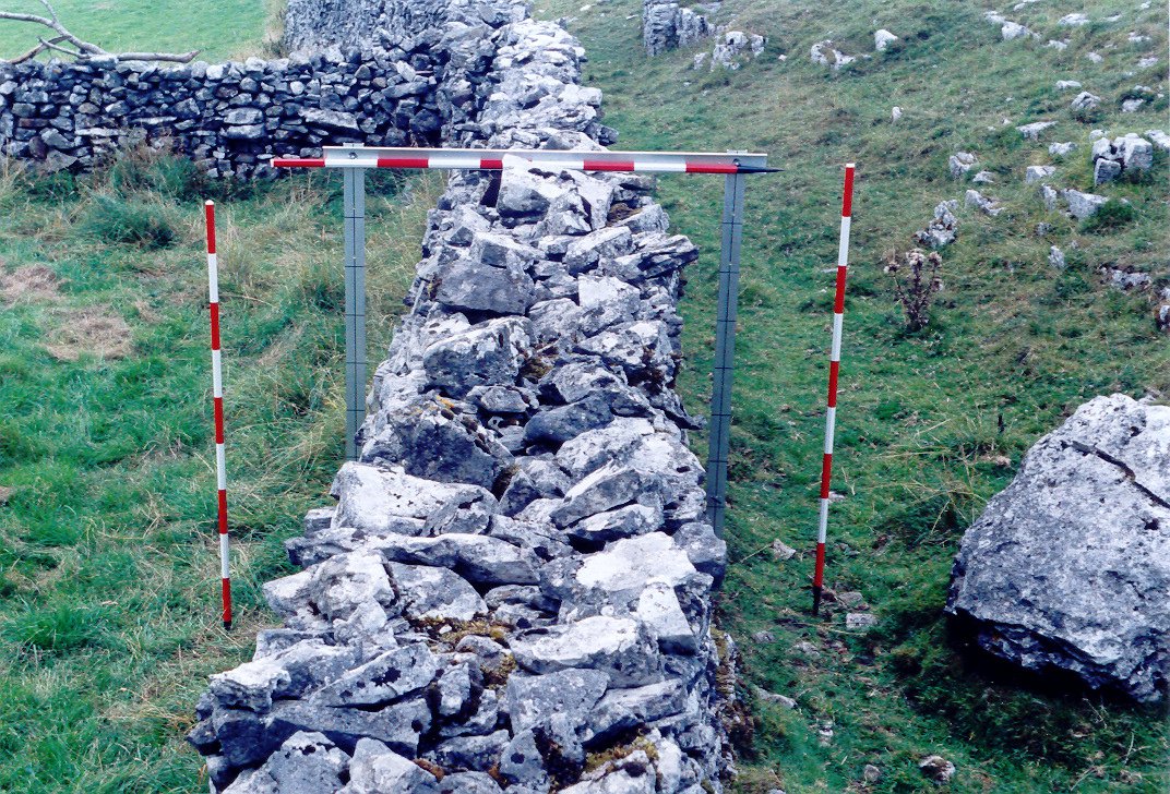 Part of the medieval infield boundary wall at Winskill built circa 1300. This double wall was made wider than normal to accommodate large blocks of limestone quarried from the adjacent scar. The original topstones would have been laid flat, and made to project on the outside edge of the wall, the side on the right, to prevent wolves jumping into the infield.